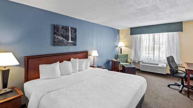 A hotel room with a large bed, two bedside tables with lamps, a chair, a desk, a window with curtains, and a wall-mounted artwork. - Rodeway Inn (Barboursville)