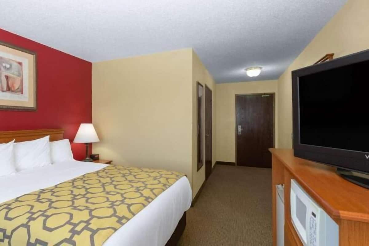 A hotel room with a bed, a television, a lamp, and a framed picture on the wall.