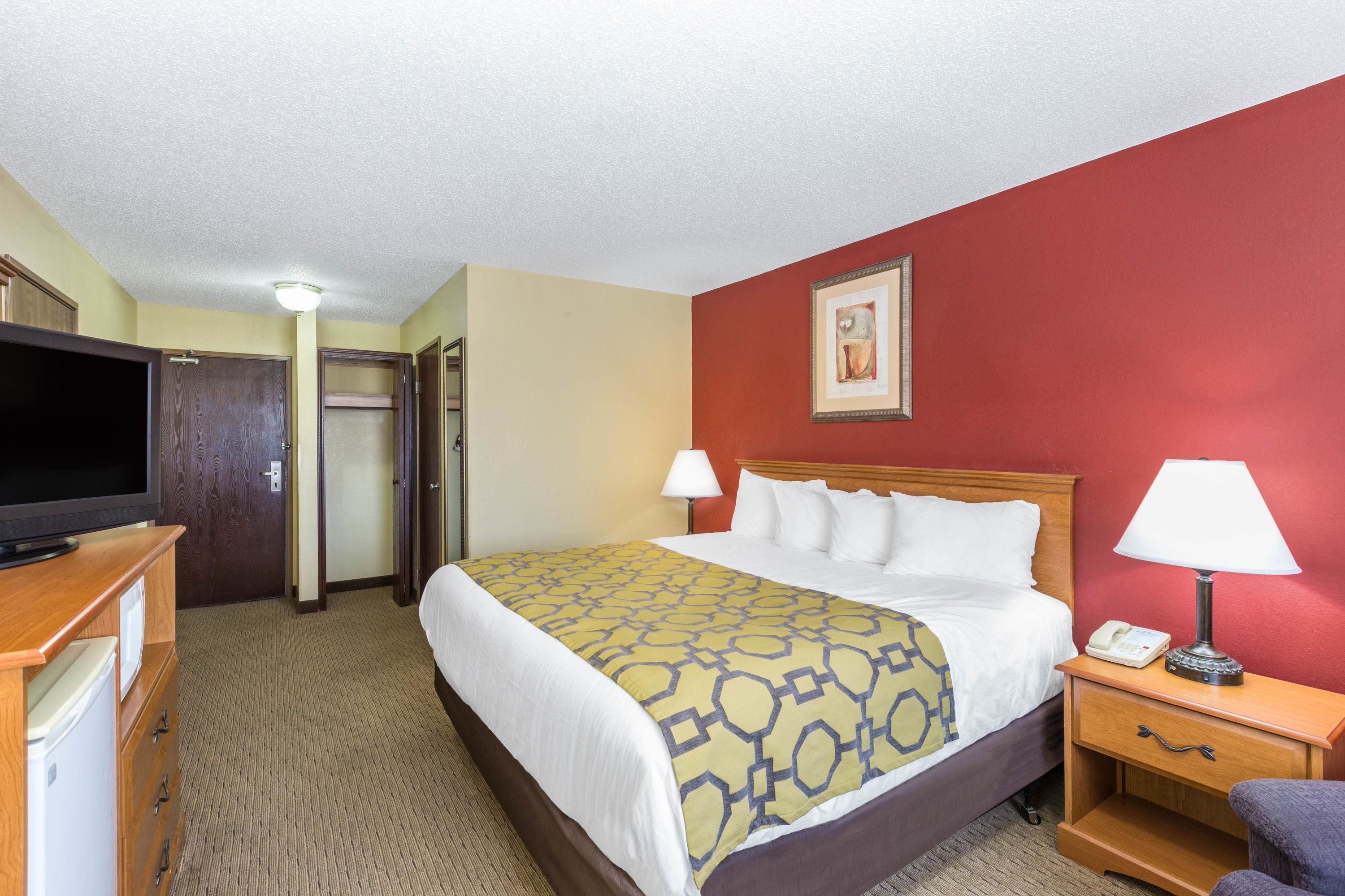 A hotel room with a bed, a television, a desk with a lamp, and a painting on the wall.