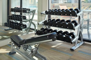 Un gimnasio con mancuernas en estanterías y una banca.