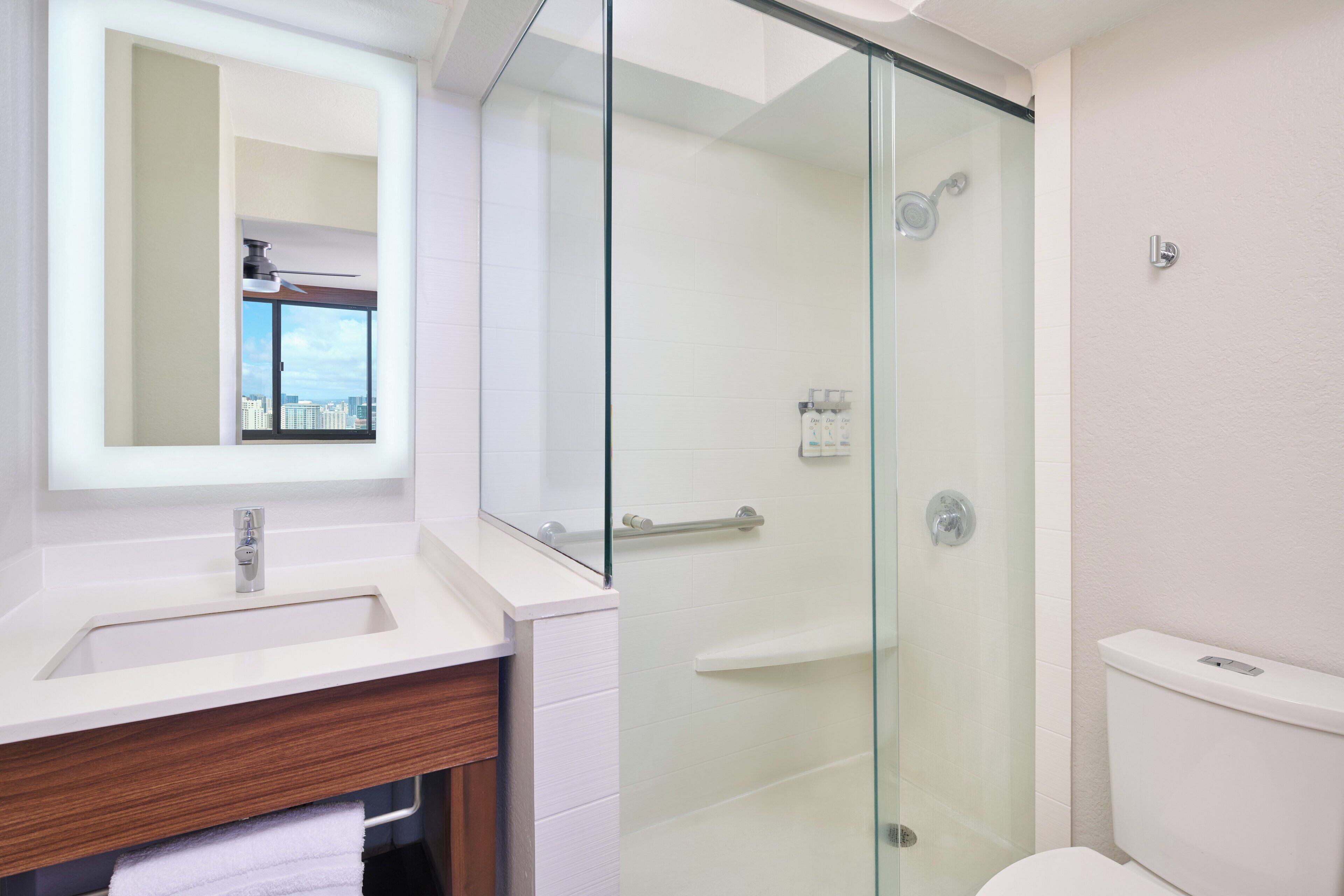 A modern bathroom with a glass-enclosed shower, a white sink, and a large mirror reflecting a city view.