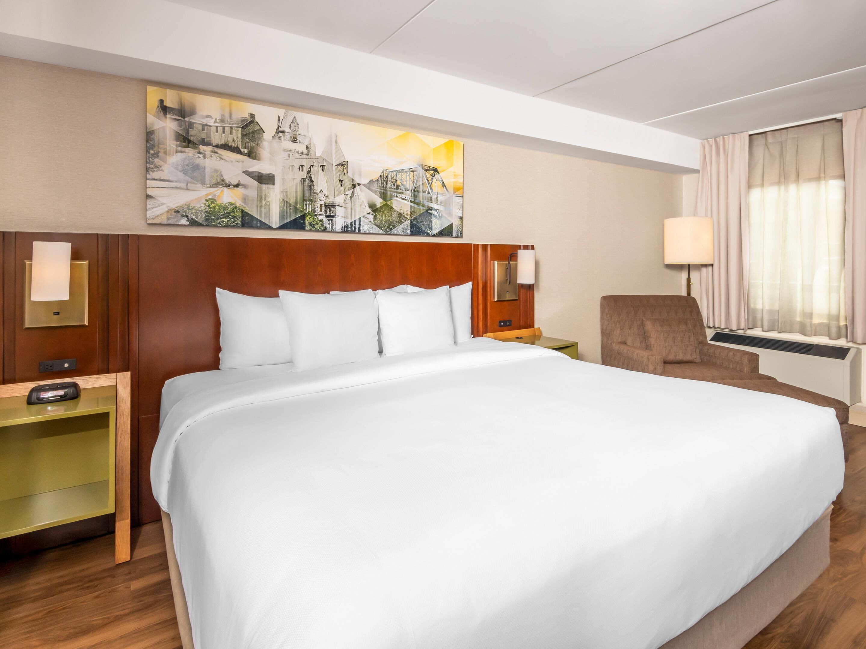 Premium bedding, pillowtop beds, desk, laptop workspace