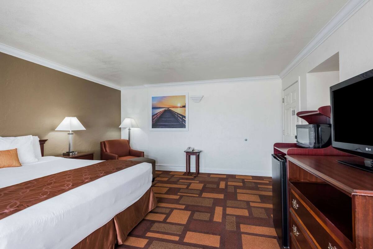 A hotel room with a bed, a desk, a television, a microwave, and a chair.