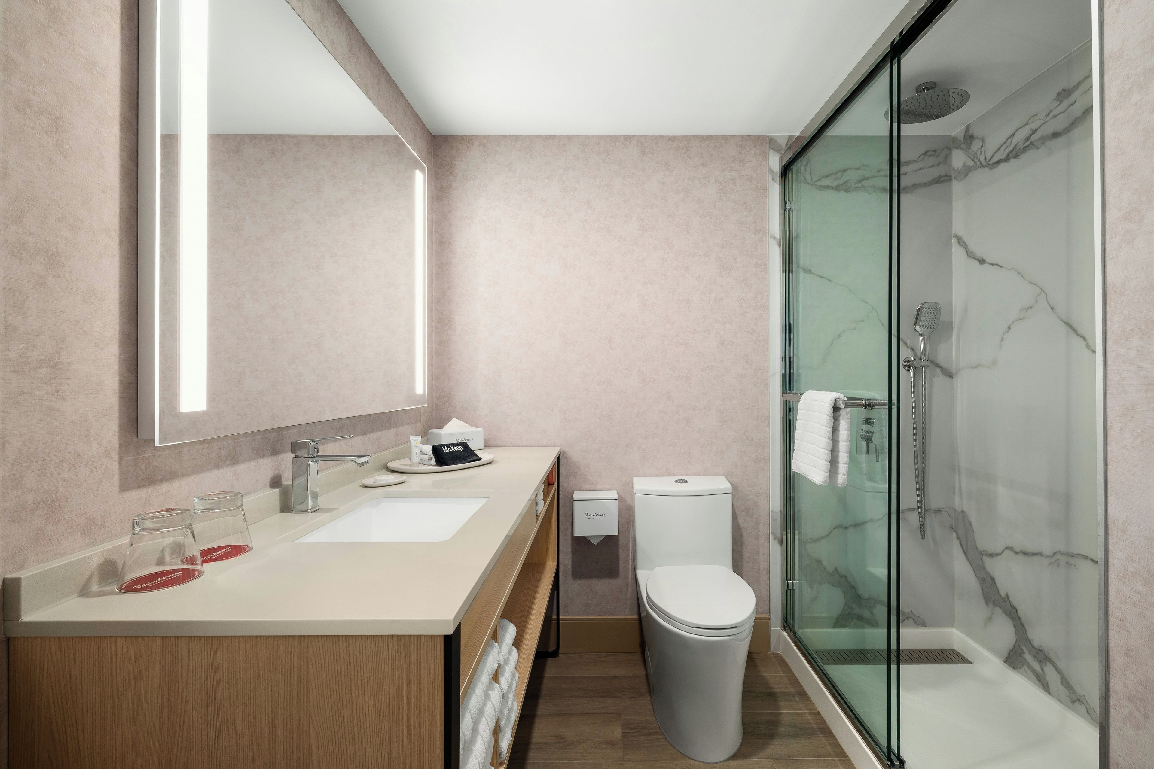A modern bathroom with a glass shower enclosure, a dual sink vanity, and a toilet.