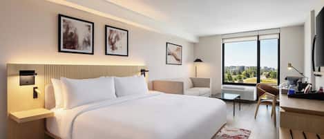 A hotel room with a large bed, a desk, a chair, a TV, and a window with a city view.