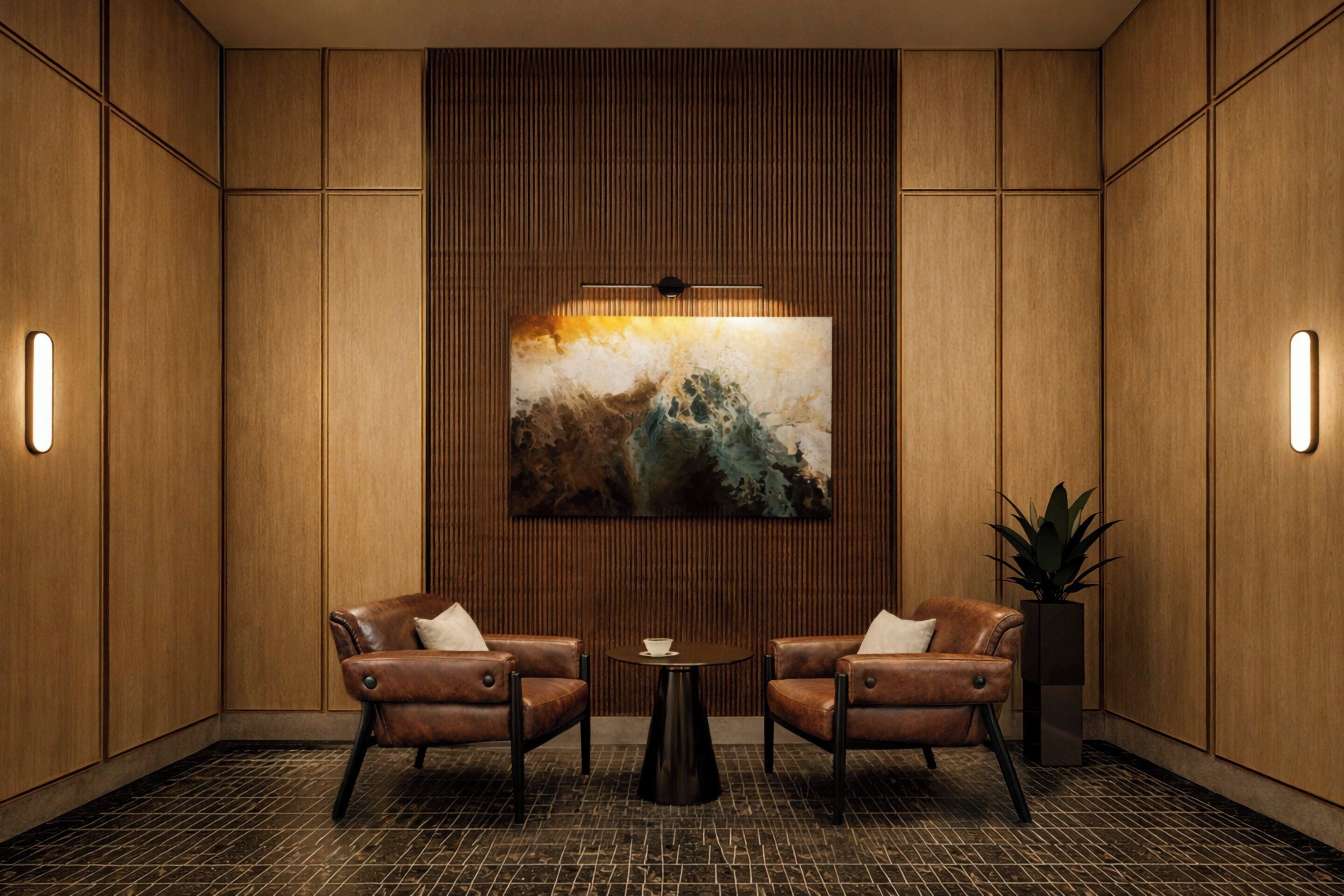 A modern interior with two leather chairs, a round table, a large abstract painting, and wooden paneling.