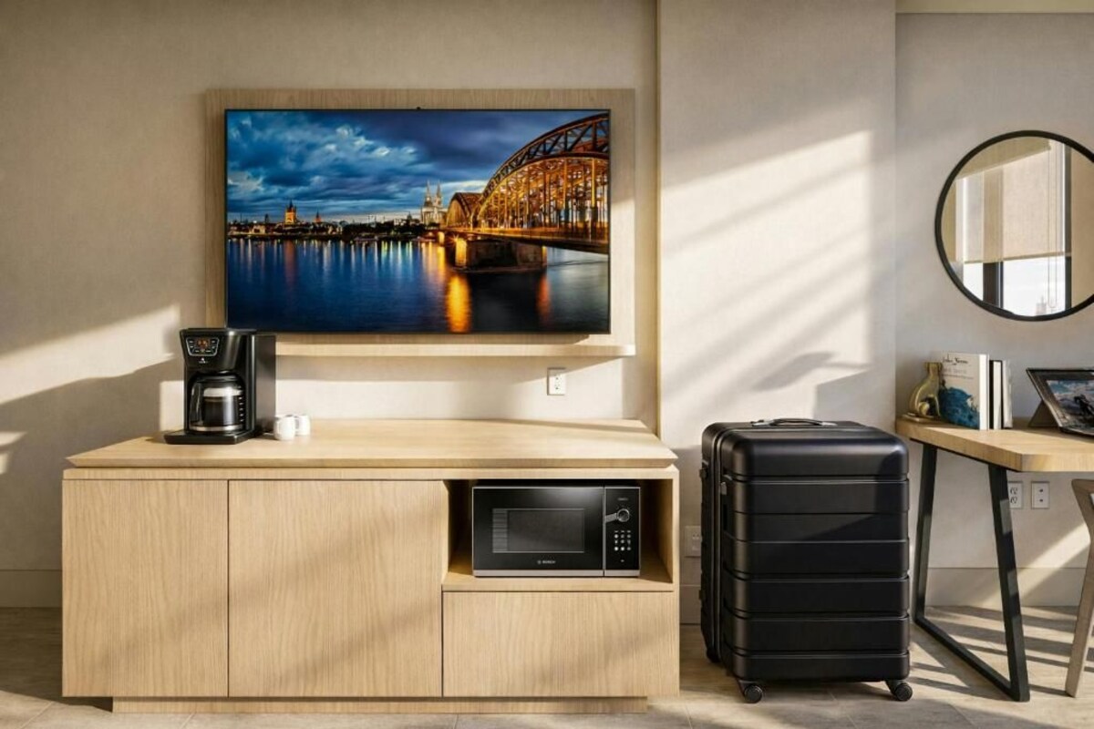 Habitación de hotel con un armario de madera, microondas, cafetera, maleta y televisor mostrando un paisaje urbano.