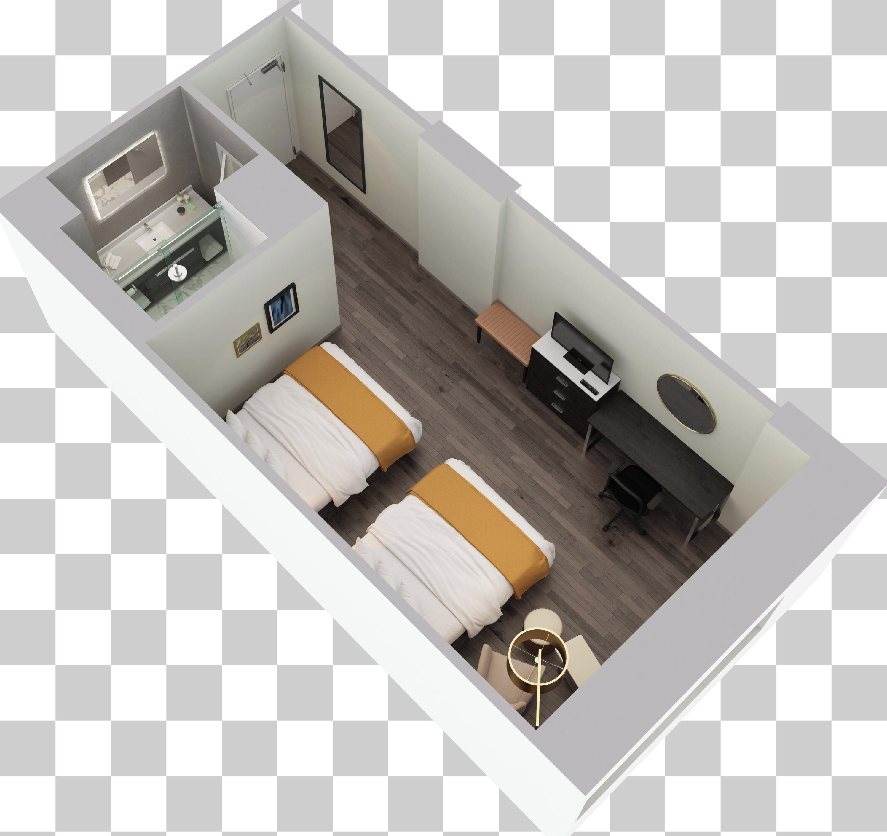 Une chambre d’hôtel avec deux lits, un bureau, une chaise, une petite table, une table ronde, un miroir et une fenêtre.