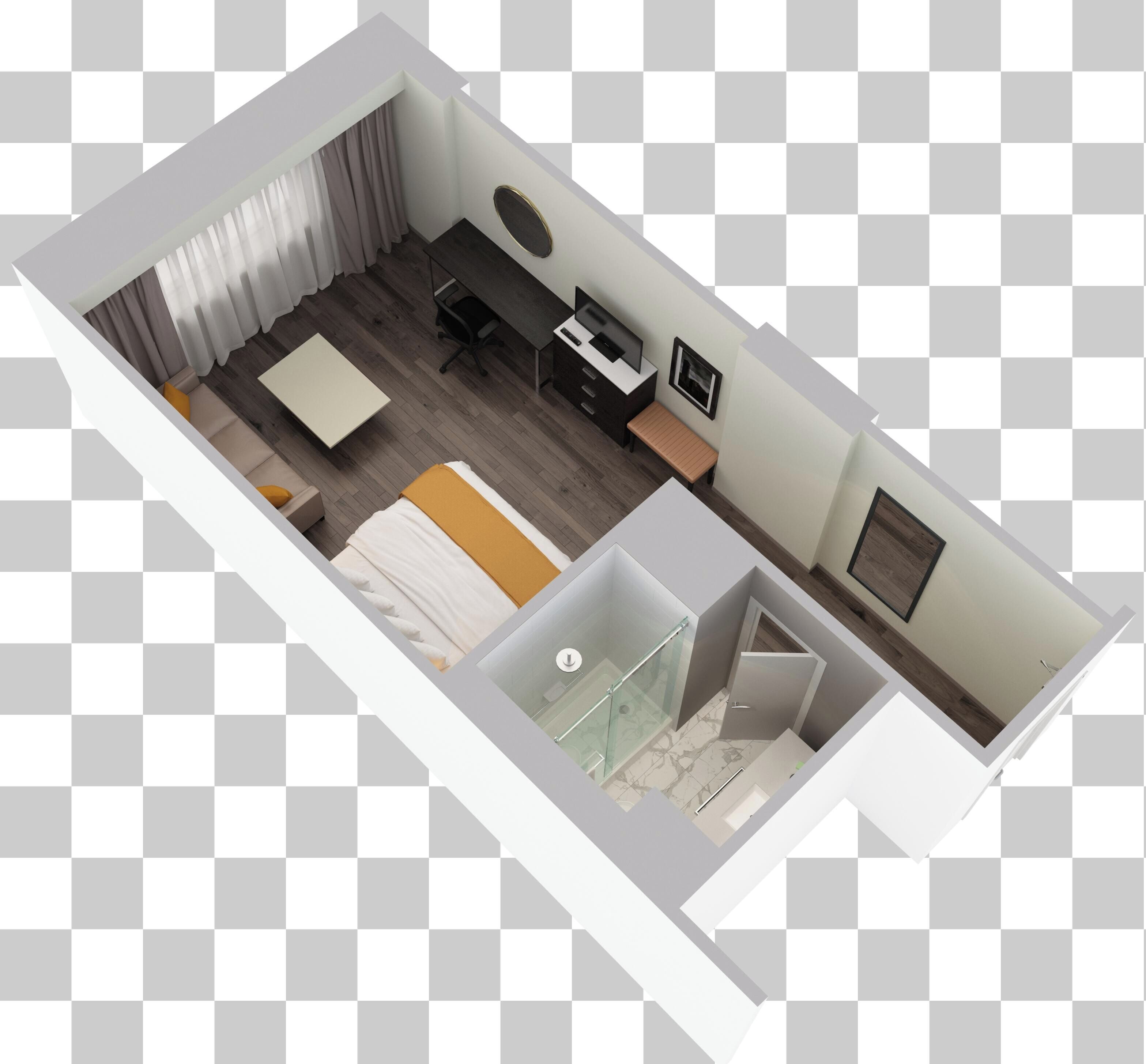 Piantina 3D di una camera d'albergo con un letto, una scrivania, una sedia e un bagno.