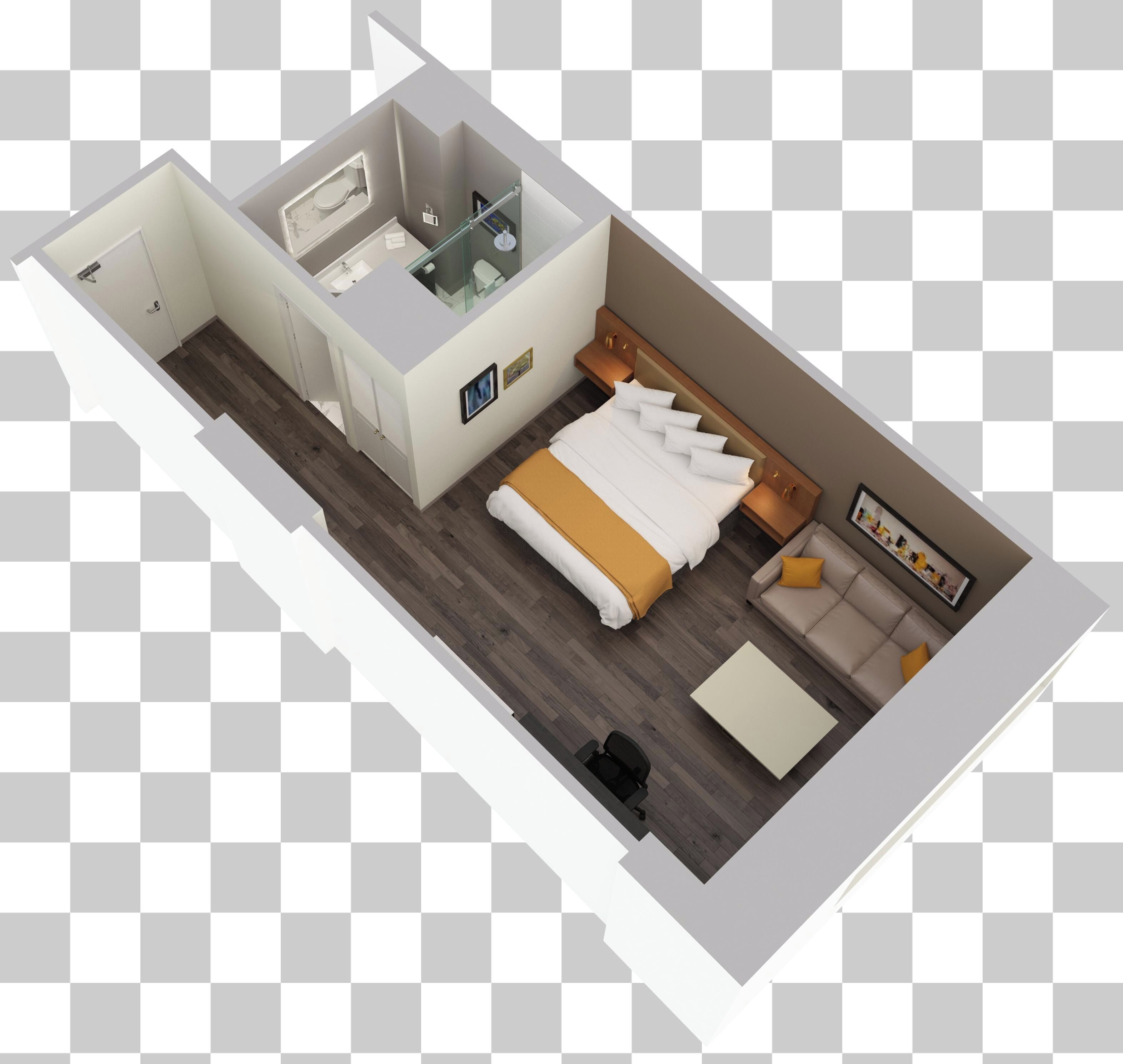 Ein 3D-Grundriss eines Hotelzimmers mit Bett, Sofa, Schreibtisch, Stuhl, Badezimmer und einem kleinen Balkon.