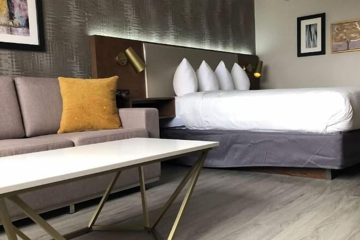 Premium bedding, Select Comfort beds, desk, blackout drapes