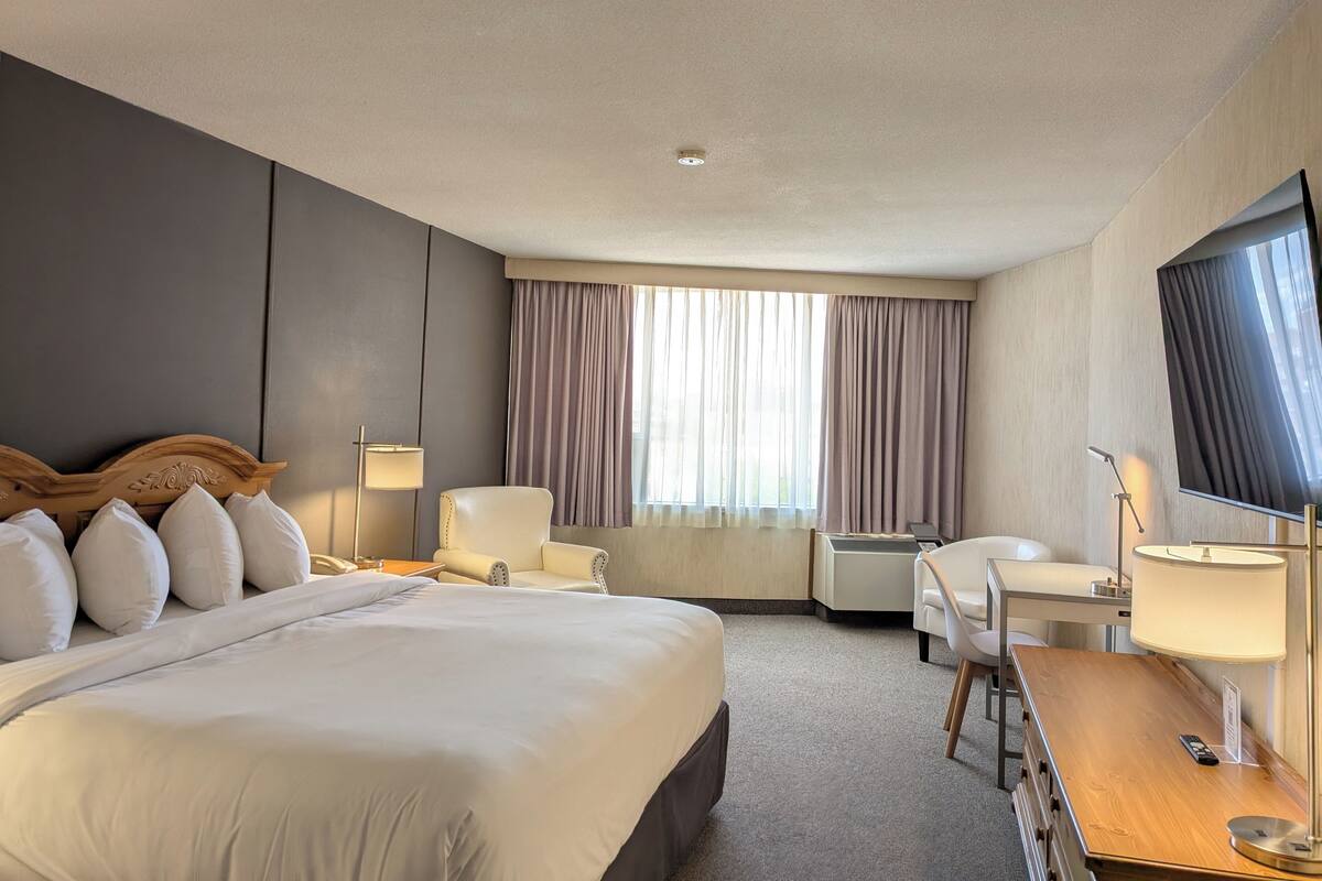 Habitación de hotel con una cama grande, un escritorio, una silla, un televisor y una ventana con cortinas.