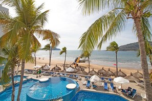 Outdoor pool, open 8 AM to 7 PM, pool umbrellas, sun loungers