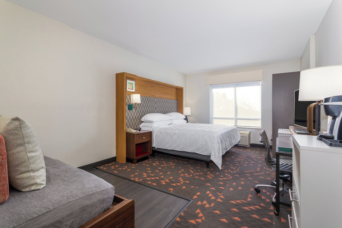 A hotel room with a bed, a desk, a chair, a sofa, and a window.