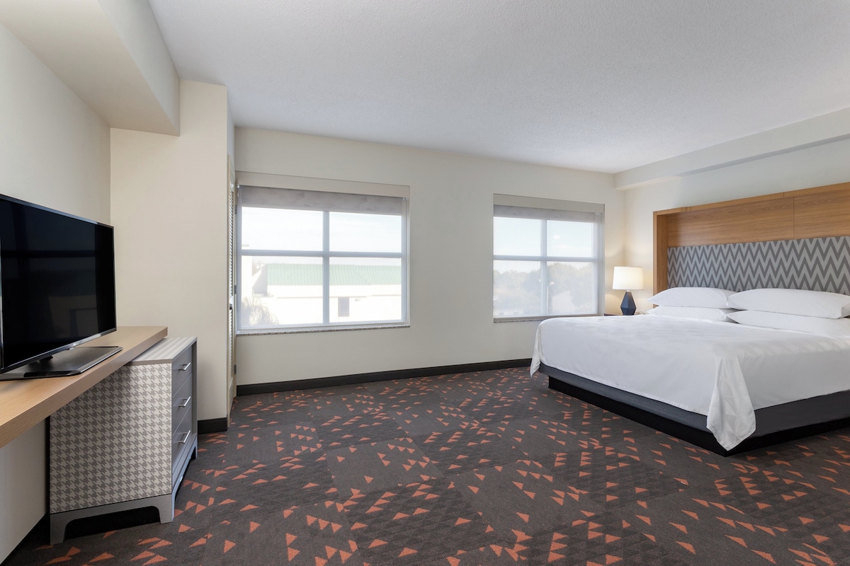 A hotel room with a bed, a desk with a TV, two windows, and a patterned carpet.