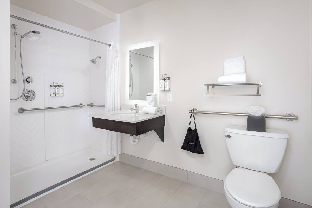 A modern bathroom with a walk-in shower, a vanity with a mirror, a toilet, and a towel rack.