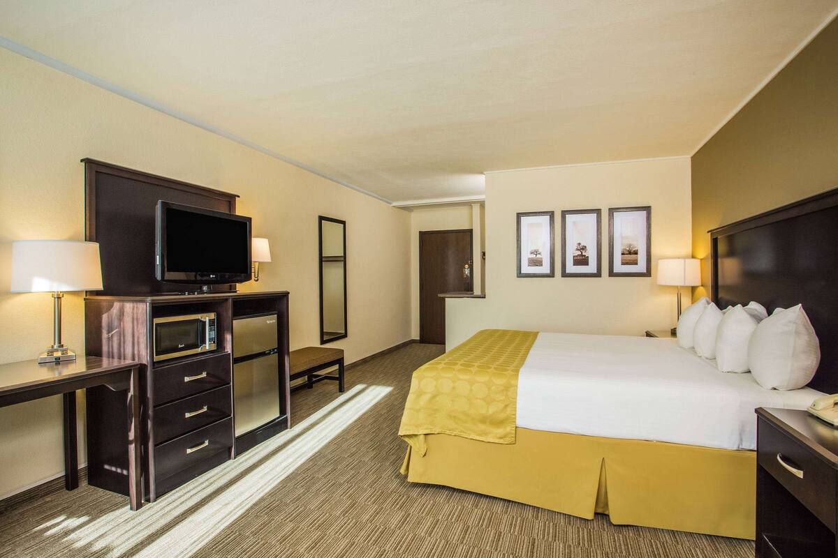 Ein Hotelzimmer mit einem Bett, einem Schreibtisch mit Fernseher, einer Mikrowelle und einer Schreibtischlampe.