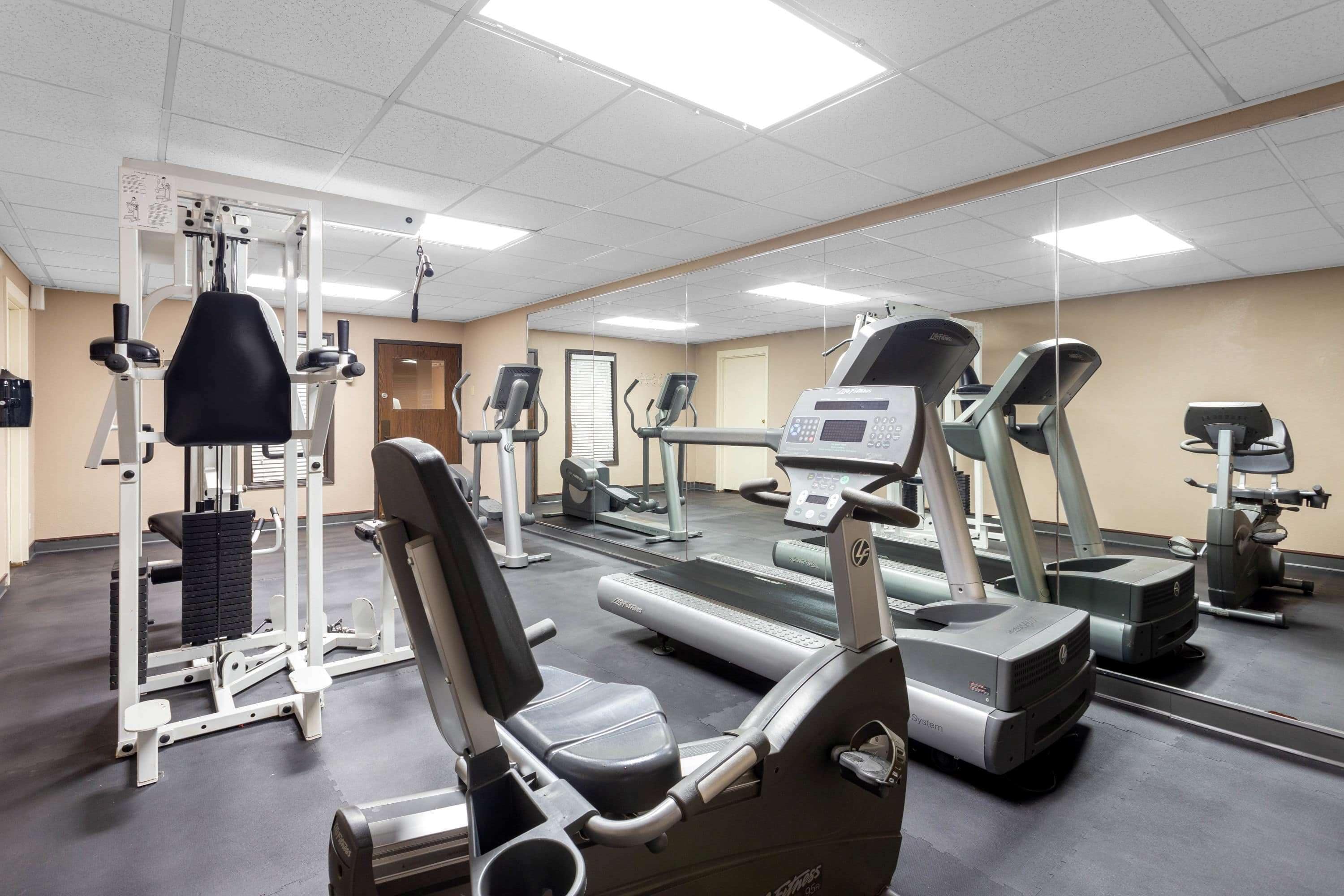 A gym with various exercise equipment including treadmills, weight machines, and a bench press.
