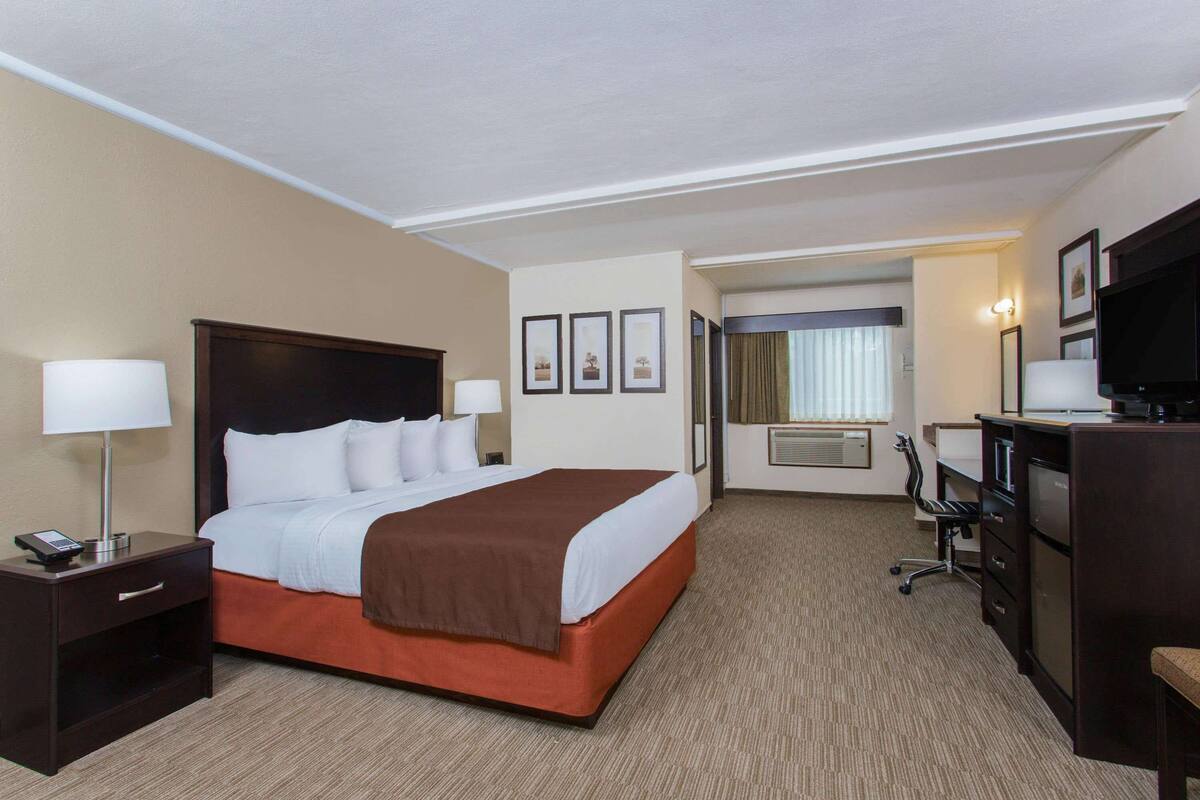 Ein Hotelzimmer mit einem großen Bett, einem Schreibtisch, einem Stuhl, einem Fernseher und einer Lampe.