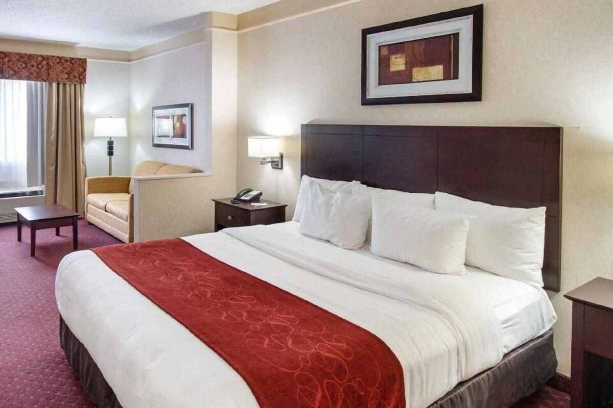 A hotel room with a large bed, a bedside table, a chair, a desk, a lamp, and a framed picture on the wall.