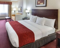 Habitación de hotel con una cama grande, una mesita de noche, una silla, un escritorio y una lámpara.