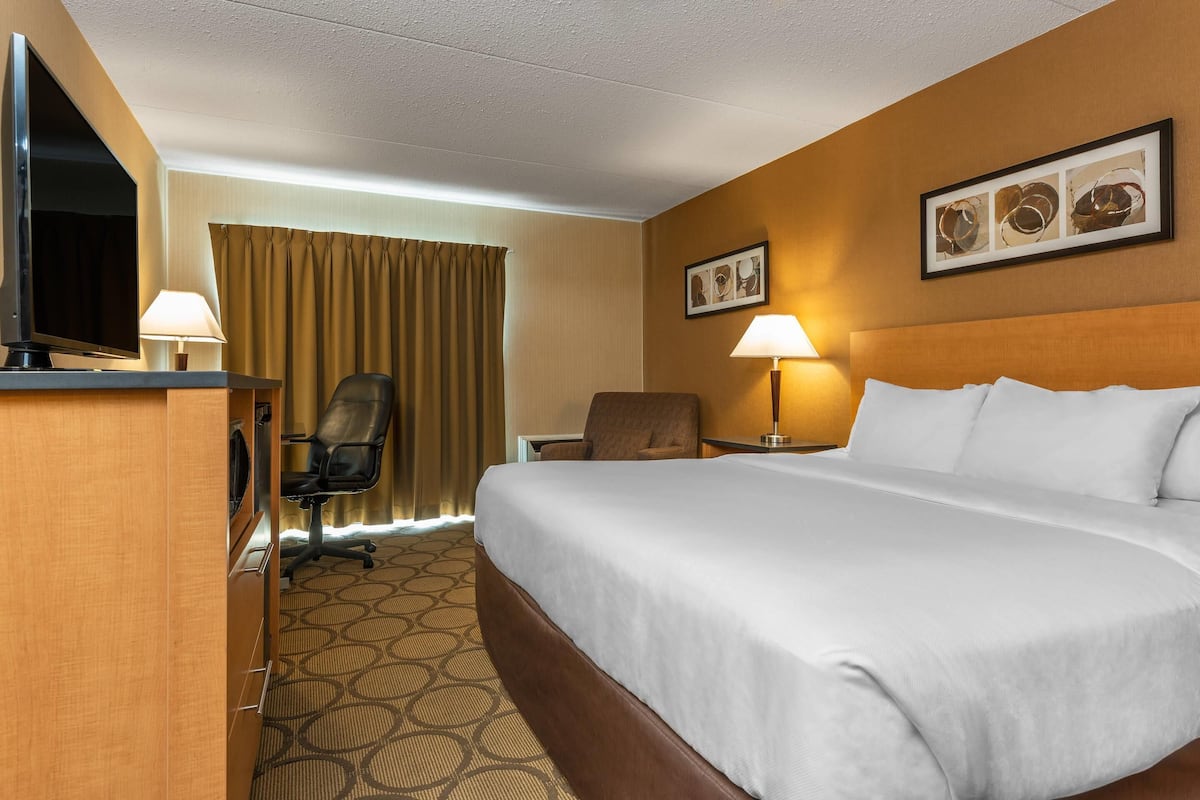 A hotel room with a large bed, a desk with a TV, a chair, a desk lamp, and a wall-mounted picture.