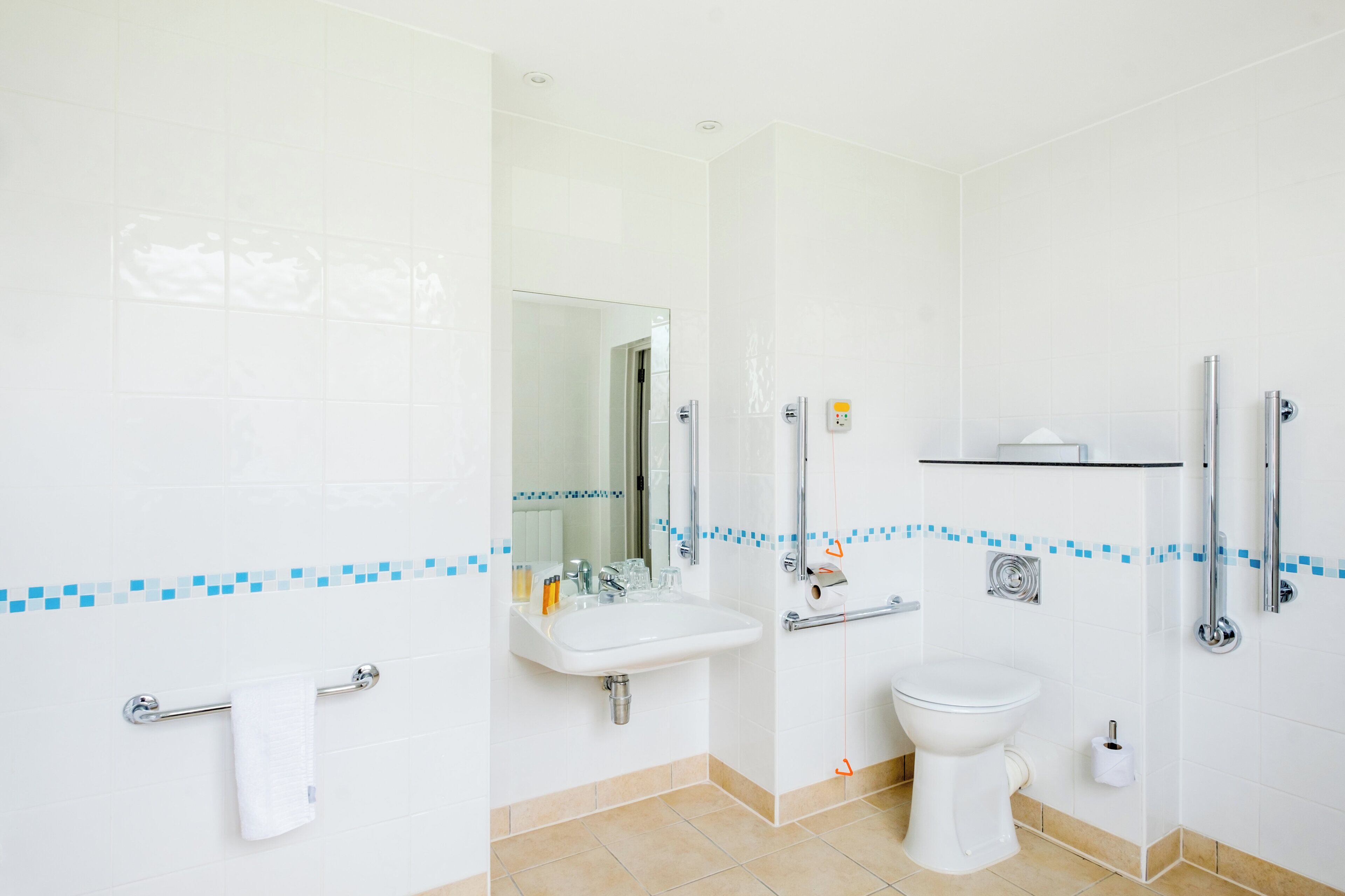 A modern bathroom with a sink, mirror, toilet, and handrails.