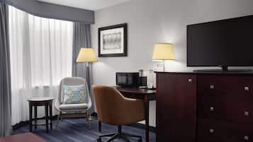 In-room safe, desk, iron/ironing board, cribs (free)