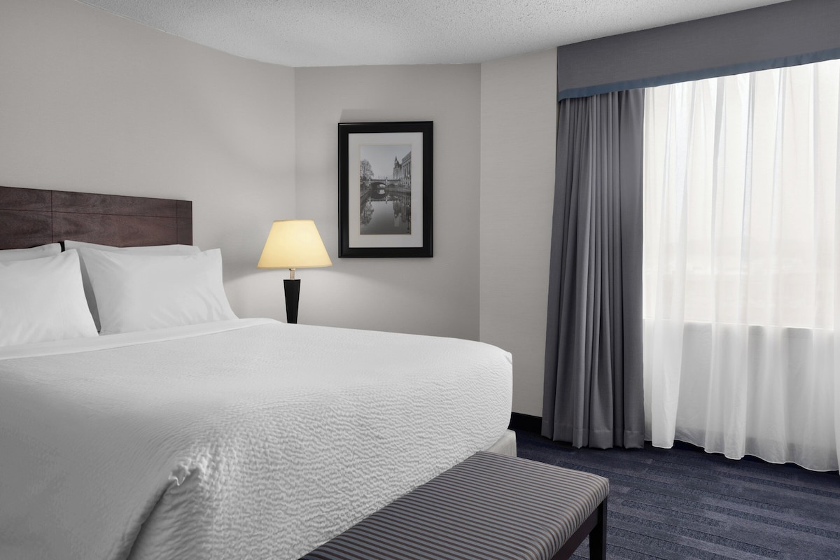 A hotel room with a large bed, a bedside table with a lamp, a framed picture on the wall, and a window with curtains.