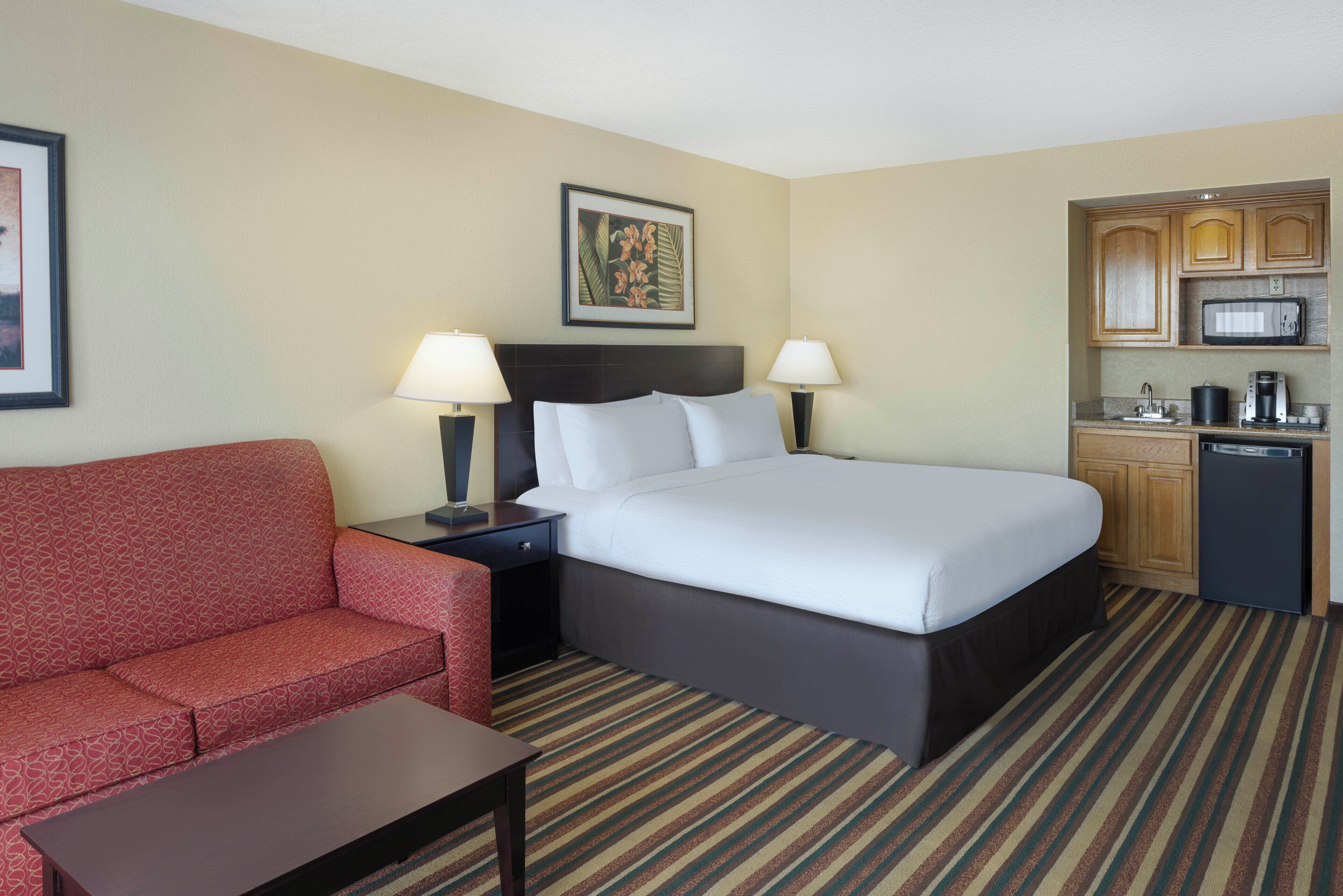 A hotel room with a bed, a sofa, a nightstand, a lamp, a picture on the wall, and a kitchenette.