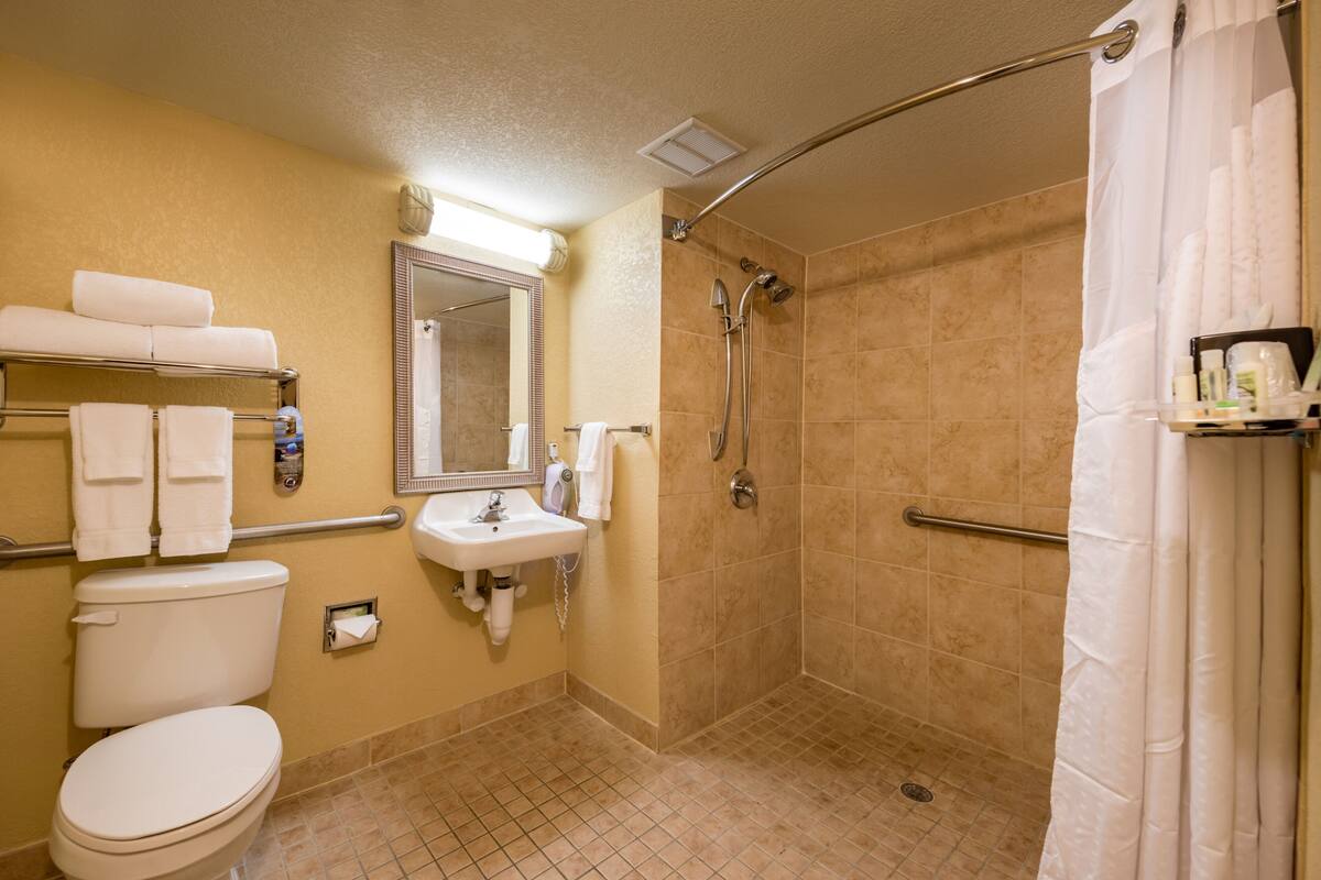 Un bagno con il WC, lavandino e doccia.