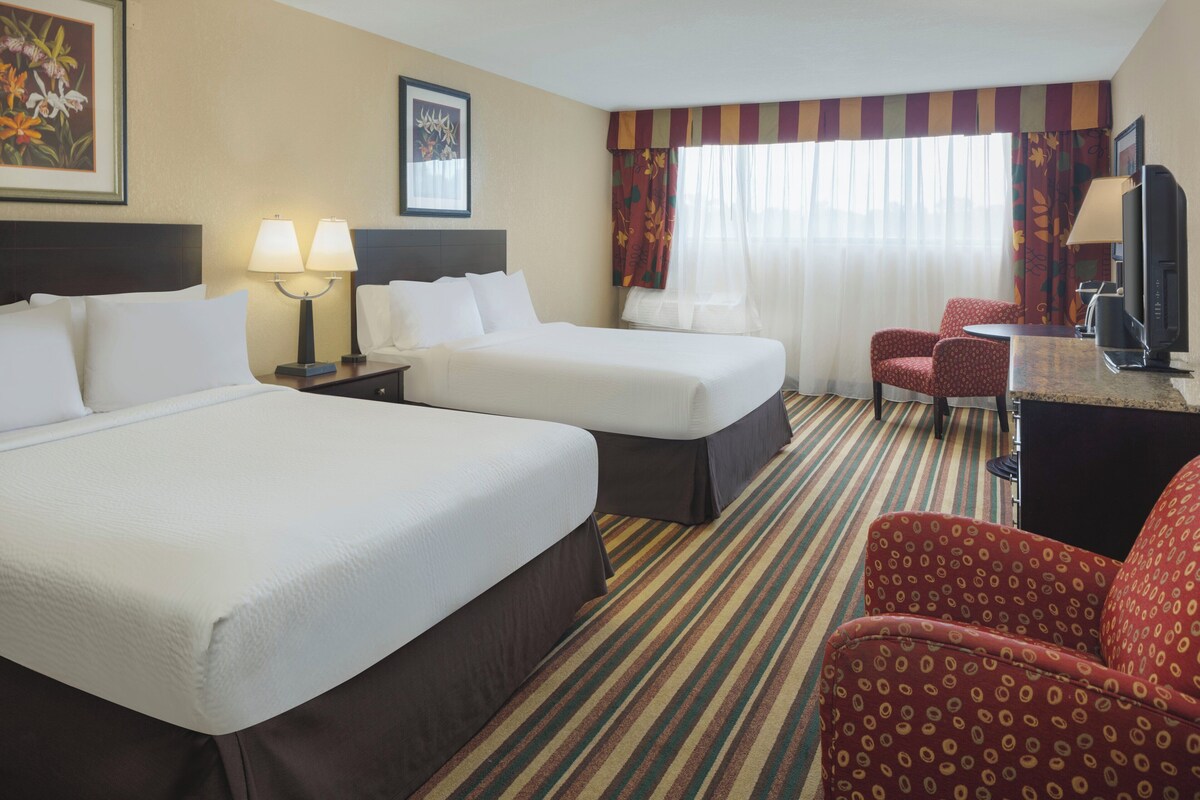 Quarto de hotel com duas camas, uma escrivaninha com televisão, uma cadeira e piso coberto por carpete.
