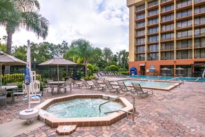 Outdoor pool, pool umbrellas, pool loungers