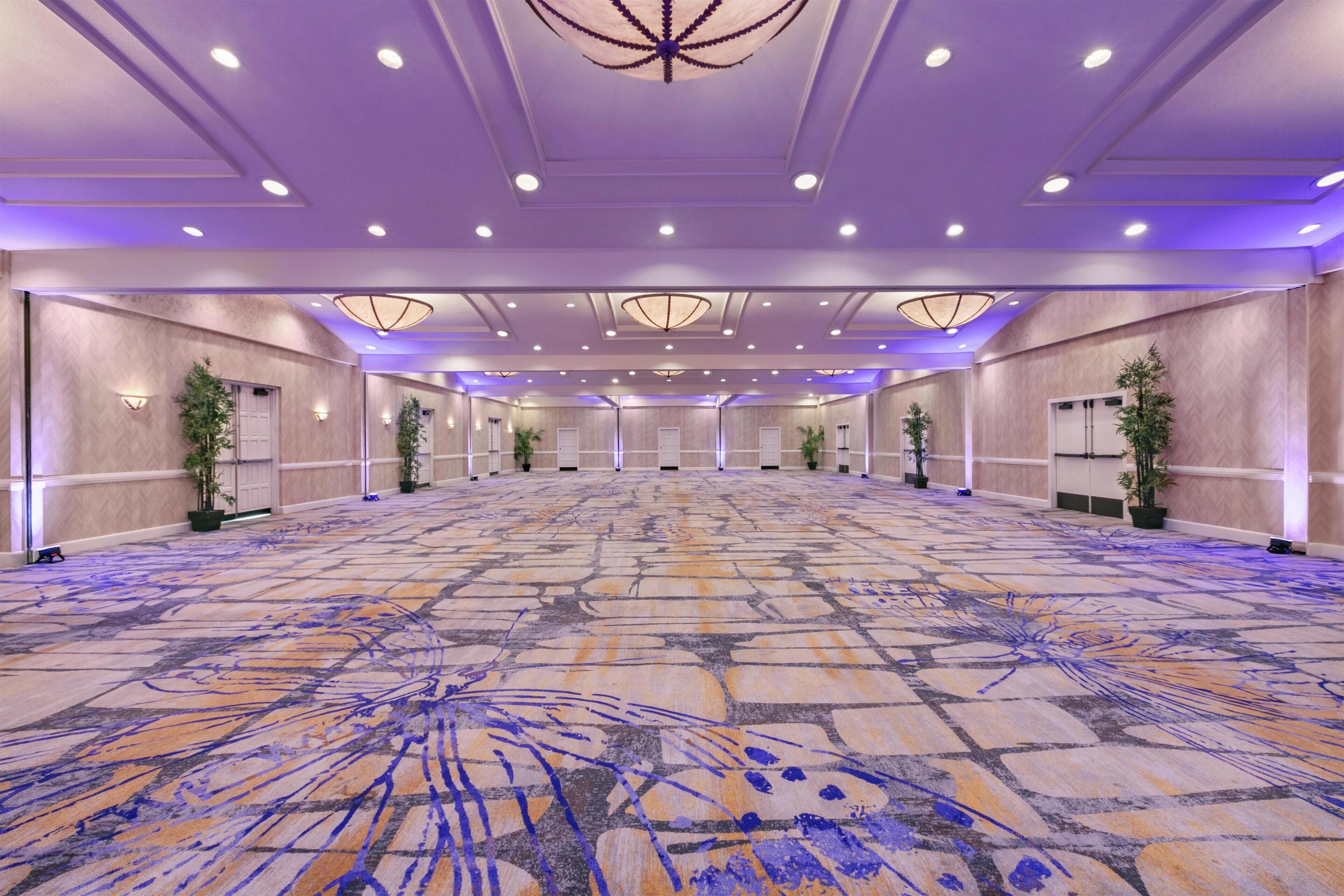 A large conference room with a patterned carpet, recessed lighting, and potted plants.