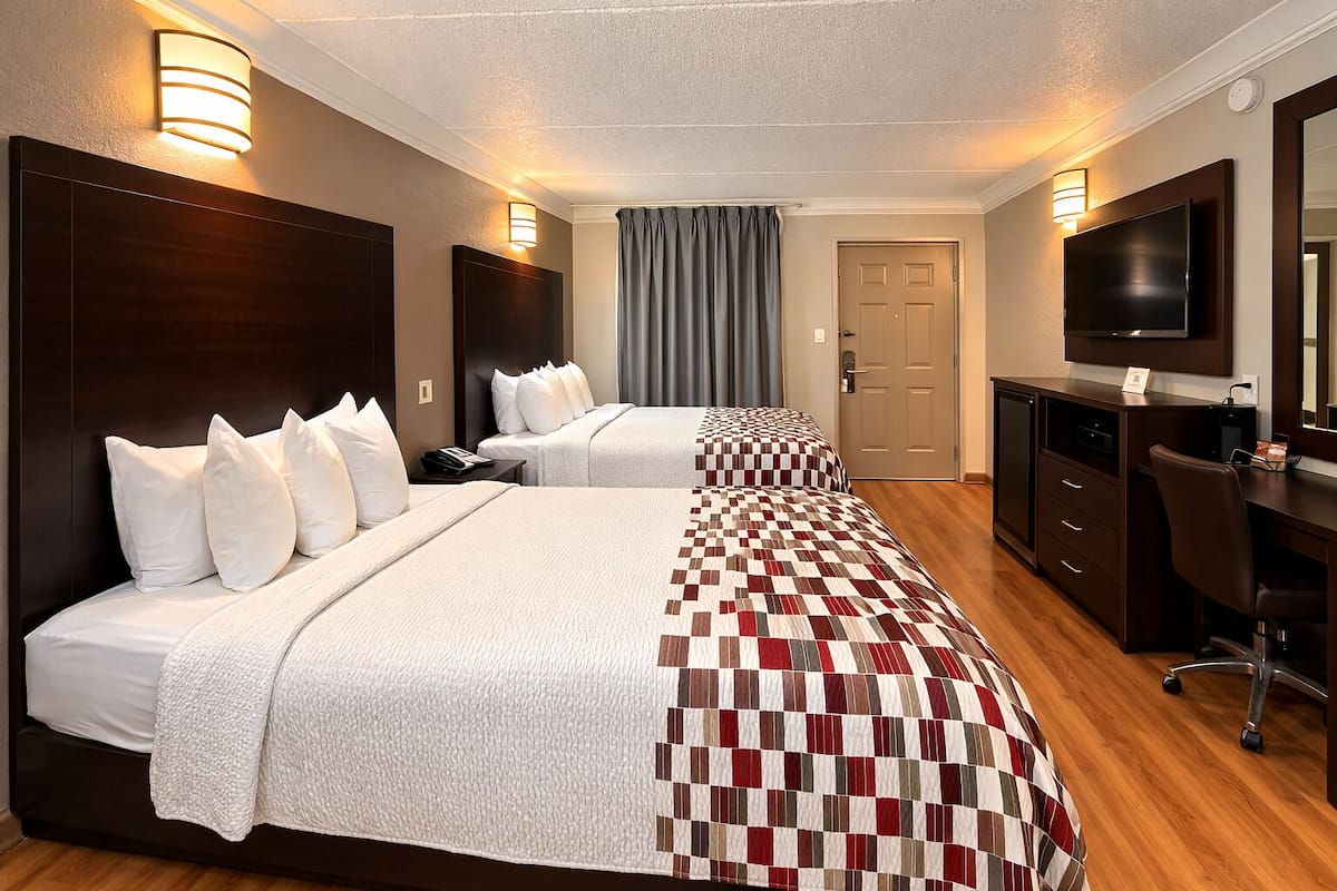 Desk, laptop workspace, blackout curtains, iron/ironing board