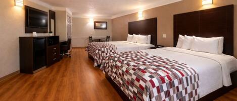 Desk, laptop workspace, blackout curtains, iron/ironing board