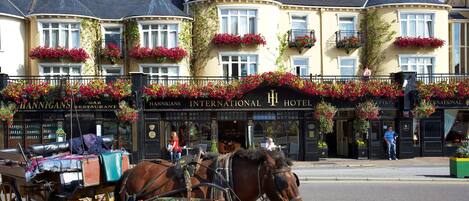 A horse-drawn carriage parked in front of a hotel with a black facade and red flower boxes.