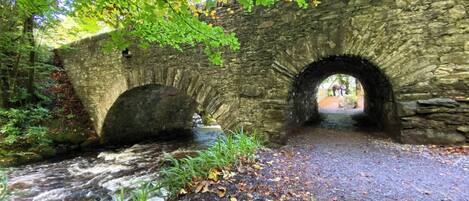 A stone bridge over a stream with a path leading through it.