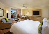 A hotel room with a bed, a desk, a chair, a sofa, a TV, and a balcony with a view of palm trees.