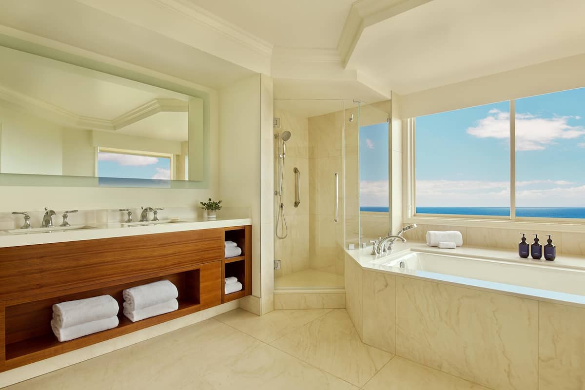 A modern bathroom with a large mirror, a walk-in shower, a bathtub, and a view of the ocean.