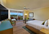 A hotel room with a bed, a desk, a chair, a television, a balcony with a view, and a ceiling fan.