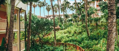 Un camino bordeado de exuberante vegetación y palmeras lleva a un edificio con balcones en un resort tropical.
