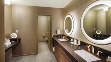 Designer toiletries, hair dryer, towels, soap