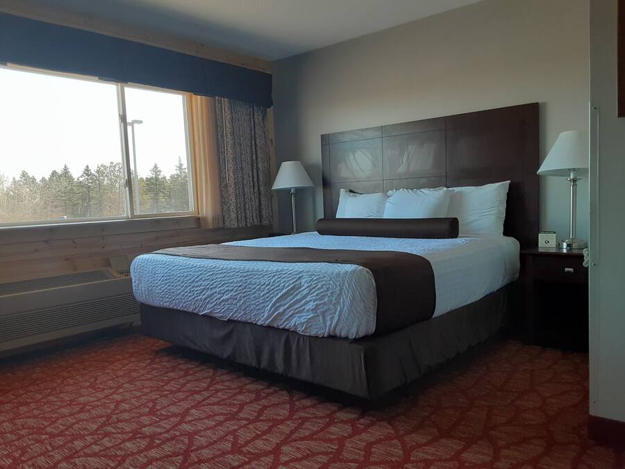 Habitación de hotel con una cama grande, dos lámparas de noche, un ventanal con cortinas y una alfombra roja estampada.