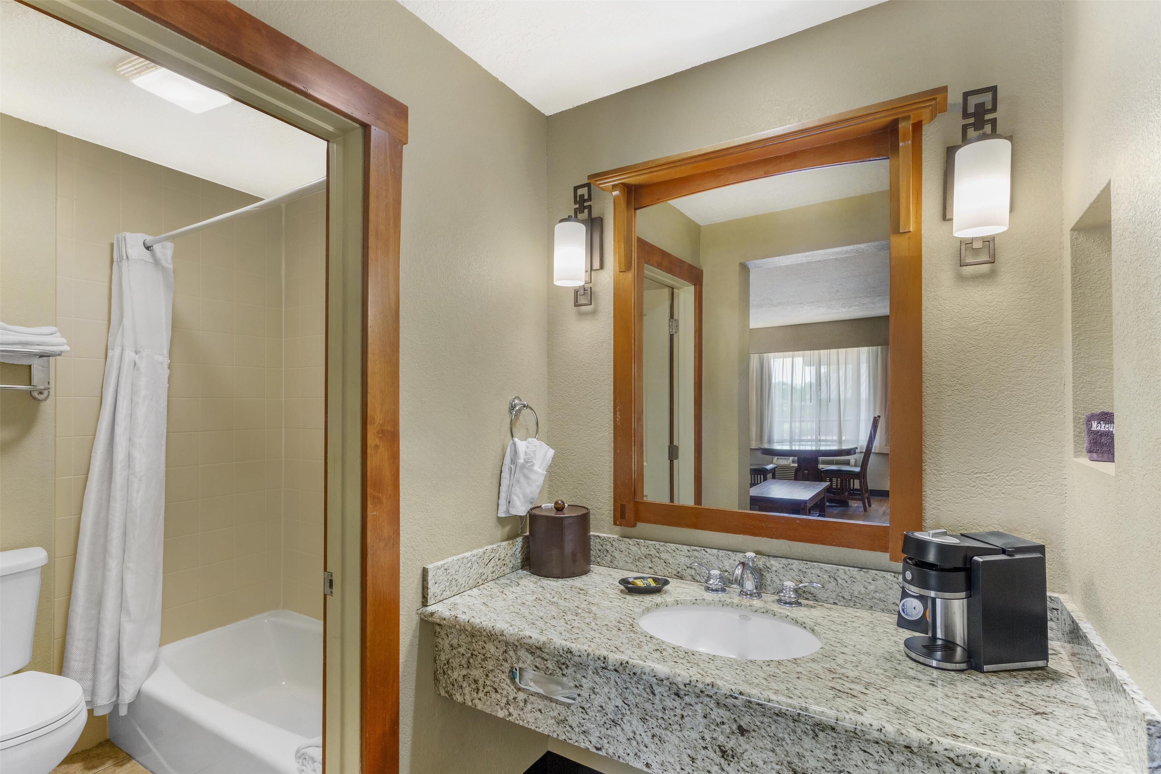 suite, 1 king bed, non smoking, refrigerator & microwave (living room;with sofabed) | bathroom | eco-friendly toiletries, hair dryer, towels, soap