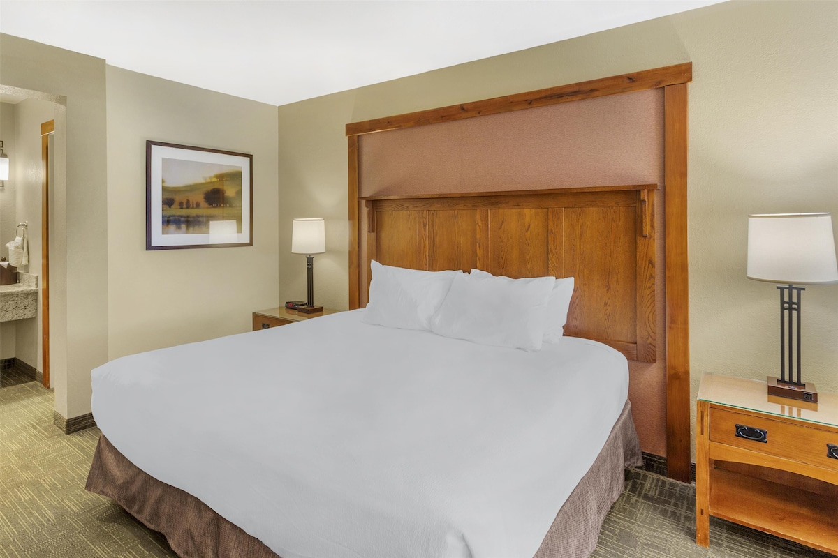 A hotel room with a large bed, wooden headboard, two bedside tables with lamps, a framed picture on the wall, and a carpeted floor.