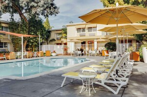 A pool area with lounge chairs and umbrellas, surrounded by a fence and trees.