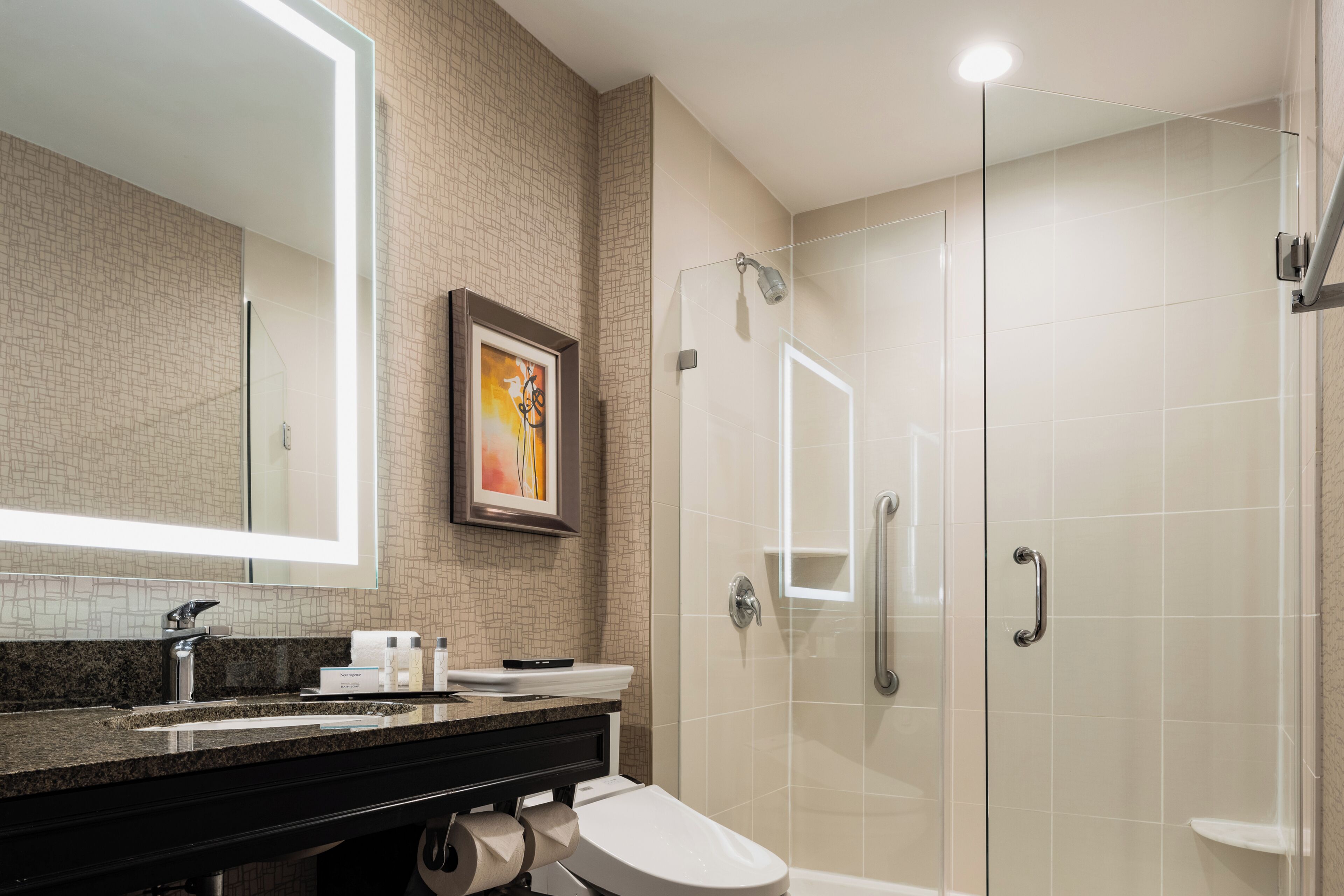 Ensemble douche/baignoire, articles de toilette de luxe, sèche-cheveux