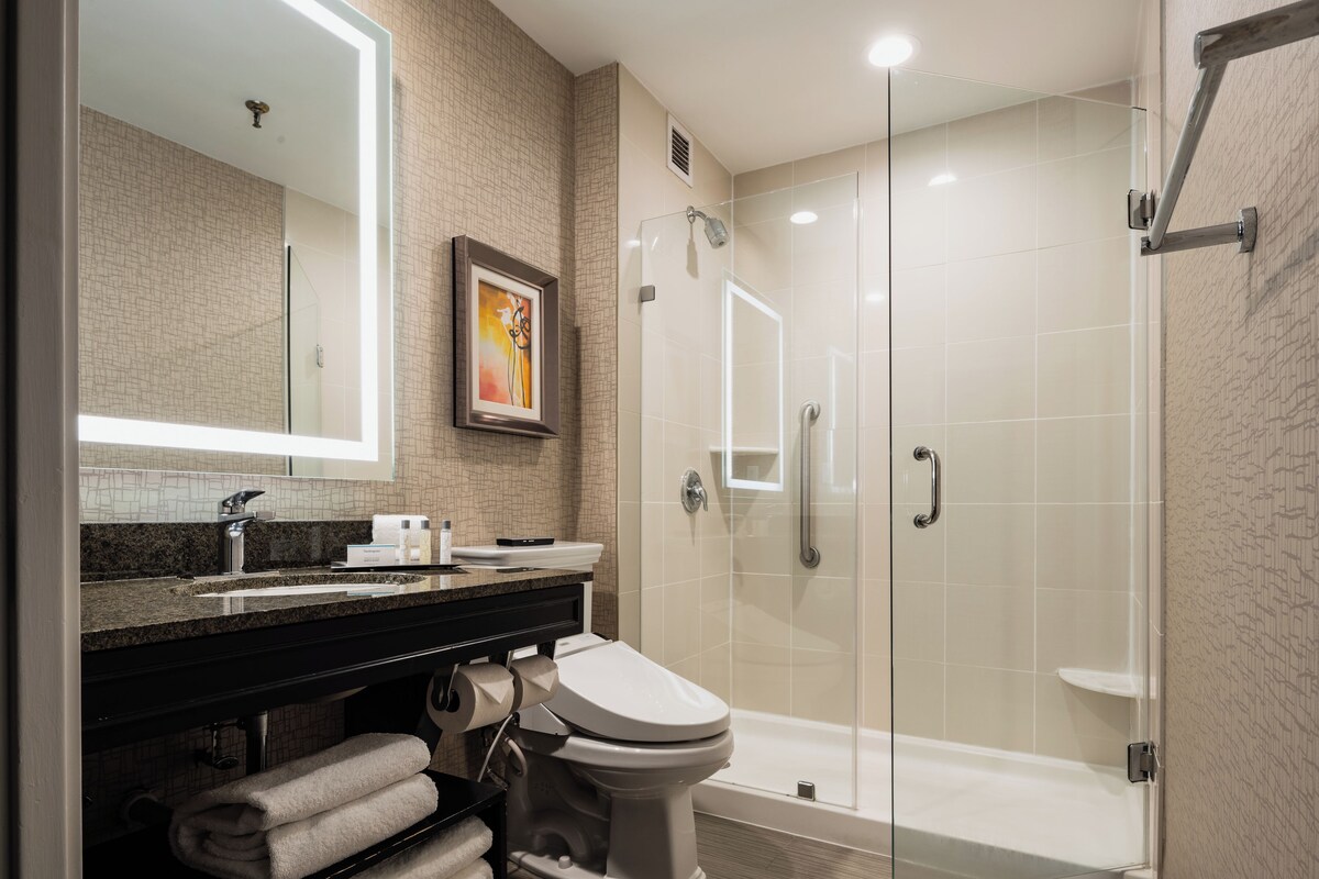 Une salle de bain moderne avec une douche Ă parois de verre, des toilettes et un lavabo avec un miroir au-dessus.