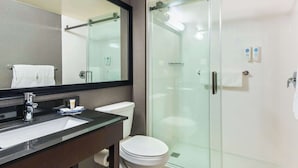Une salle de bain moderne avec une douche à parois de verre, un lavabo avec un miroir et des toilettes.
